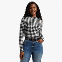 Women's Black & White Houndstooth Print Turtle Neck Top