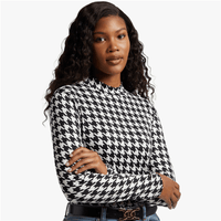 Women's Black & White Houndstooth Print Turtle Neck Top